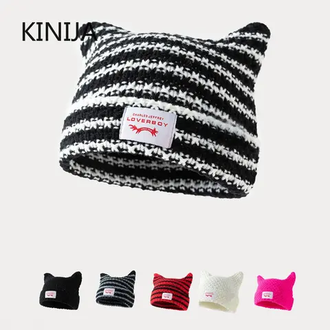 Y2K Handmade Stripe Knit Beanie Hat Cat Ears Cold Hat Winter Men Female Warm Crochet Hat Kawaii Designer