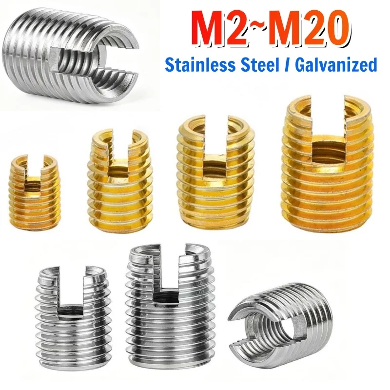 Beicai 1~10pcs Stainless Steel / GalvanizedThread RepairInsertSlottedSelf-tappingThreaded Insert Screw Bushing M2 M2.5 M3 M4~m20