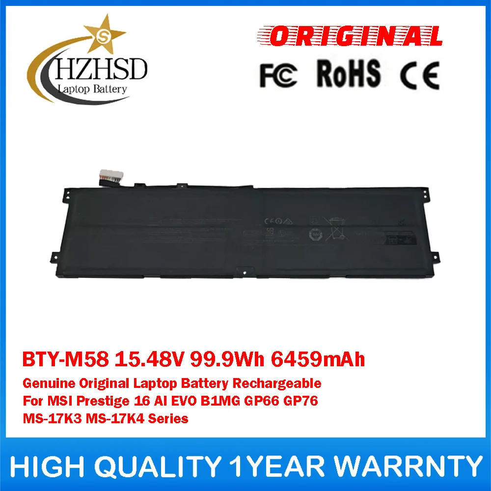 BTY-M58 15.48V 99.9Wh 6459mAh Genuine Original Laptop Battery For MSI Prestige 16 AI EVO B1MG GP66 GP76 MS-17K3 MS-17K4 Series
