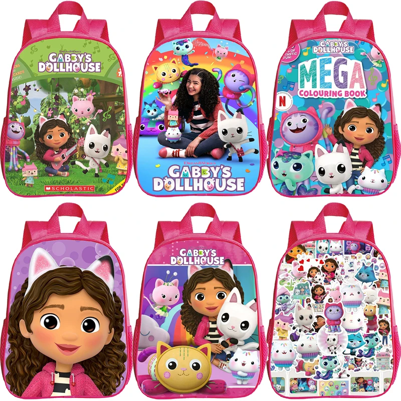 Kawaii Gabby\'s Dollhouse School Backpacks for Kids Girls Pink Bookbag Kindergarten Bags 12 Inch Children Backpack Waterproof Bag