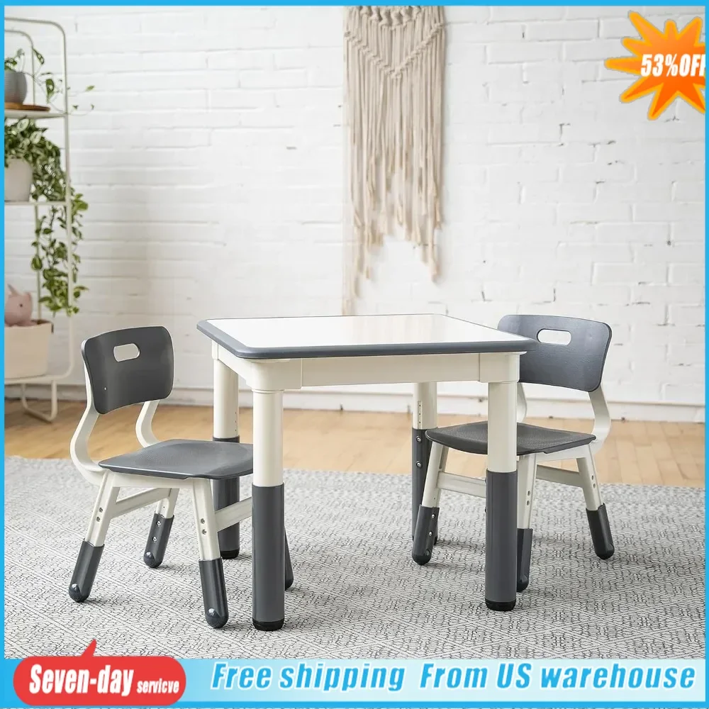 Table Dry-Erase Square Activity  with 2 Chairs, Adjustable Kids Furniture Grey 3-Piece, 28.5 x 28.3 x 5.1 inches Table