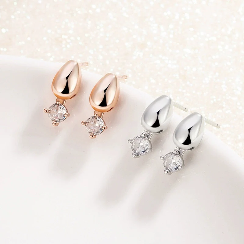 Small Water Droplet Smooth Sparkling Zircon Earrings Bean Shaped Ear Stud 2025 New Fashion Simple 925 Silver Earrings For Women