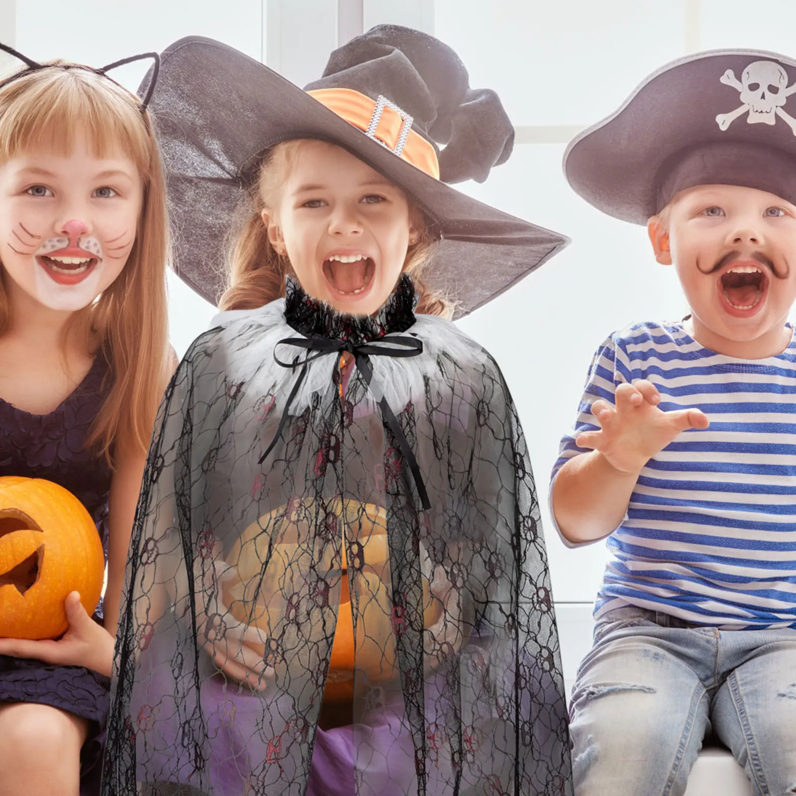 

Children's Cape Witch Hat Broom Set Halloween Costume Supplies Printed Cloak Fabric Party Props Stylish Lightweight