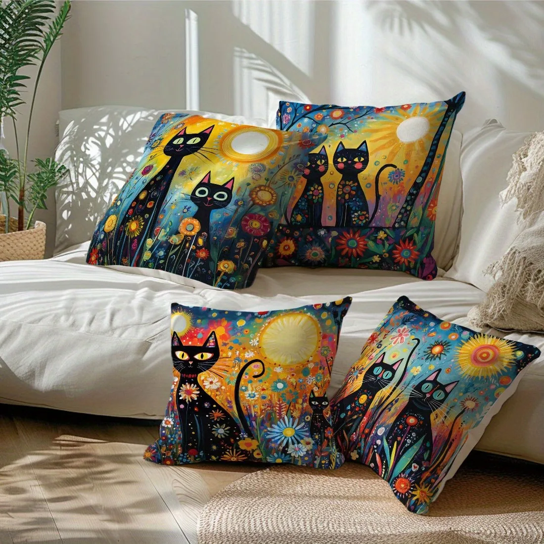 4PC Colorful Floral Black Cat Painting Style Single-Sided Printed Cushion Cover - Pillowcase (Insert Not Included)
