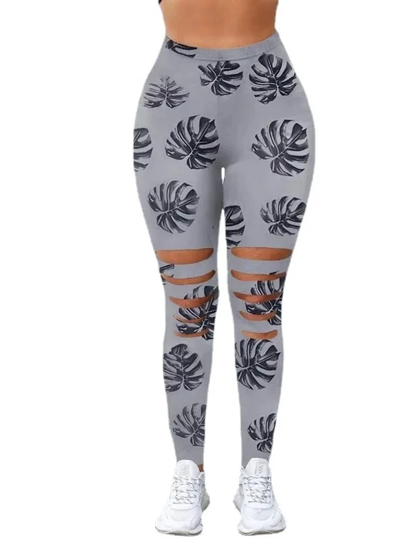 Yogabroek met hoge taille Dames Slim Fit Uitgehold Veelzijdig ey Elastici Basislaagbroek Faionable Gescheurd ontwerp Sport