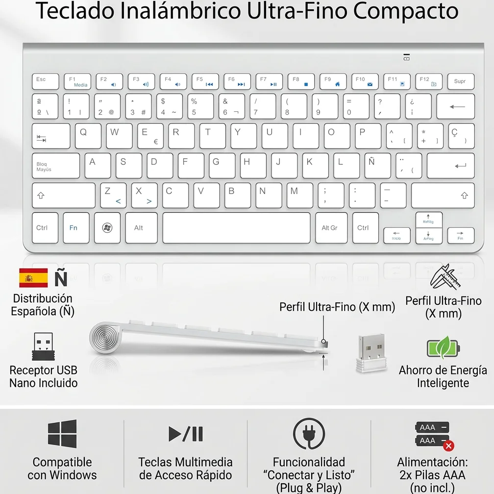 

Slim Wireless Spanish Layout Keyboard 2.4G with Multimedia Functions Energy Saving Low Noise for Laptop Desktop Windows Smart TV