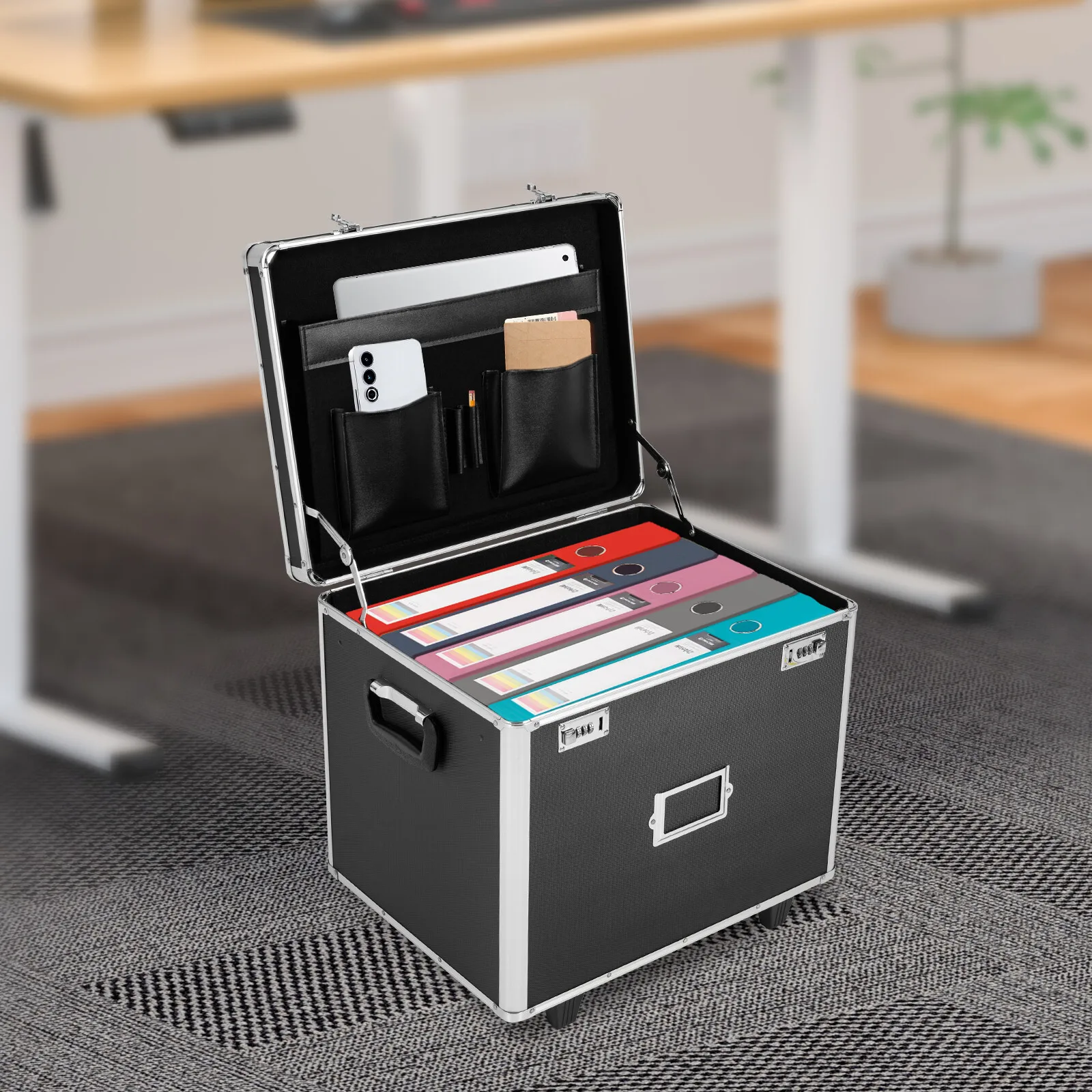 2-wheel Aluminum Alloy Portable File Lock Box, Hand Pull File Case Locking Mobile Business Box with Solid Lid for Homes, Offices, Hospitals, Hotels, Schools, Shopping Malls