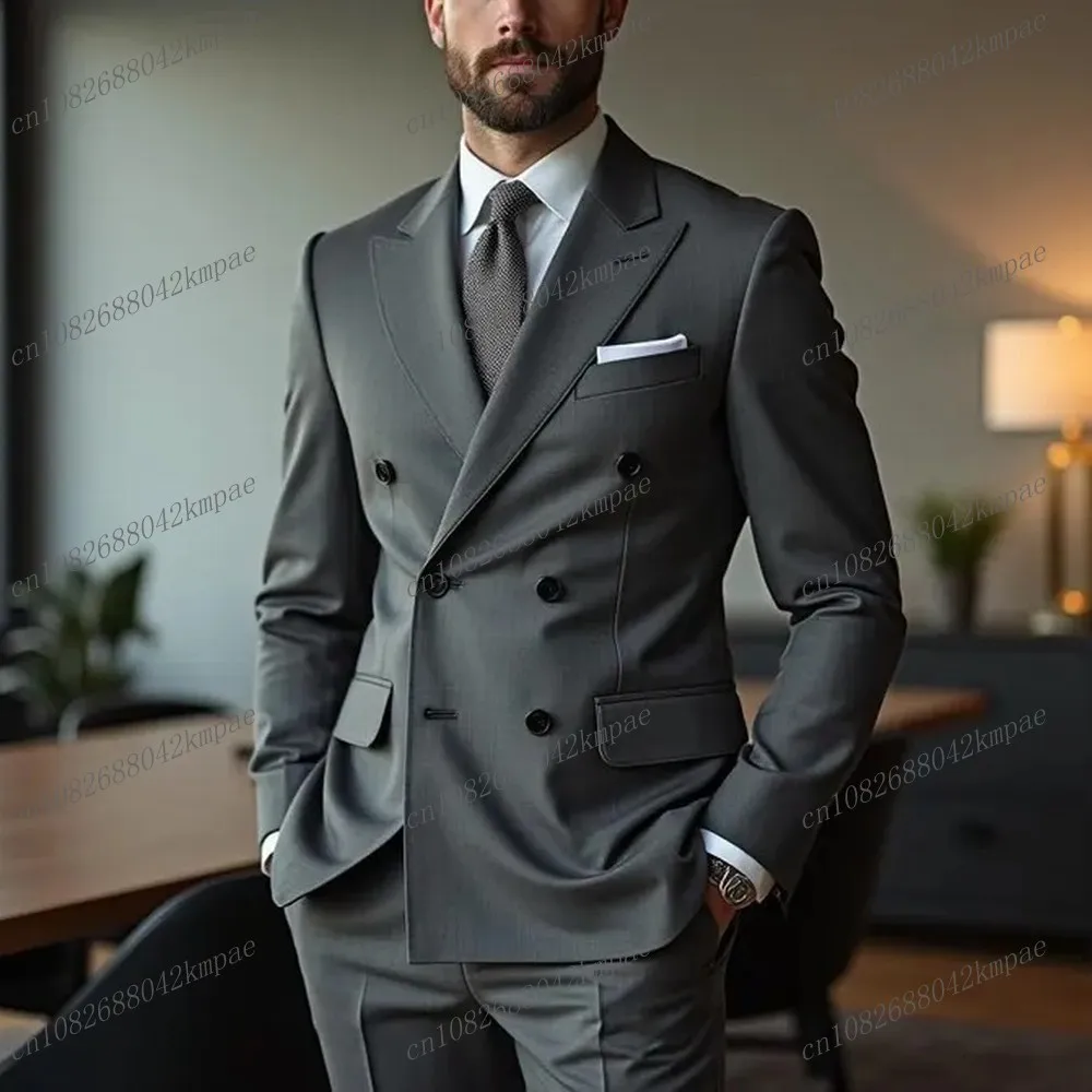 

Fashion Grey Formal Occasion Men Business Suit Groom Groomsman Wedding Party Prom Male Tuxedos 2 Piece Set Blazer Pants