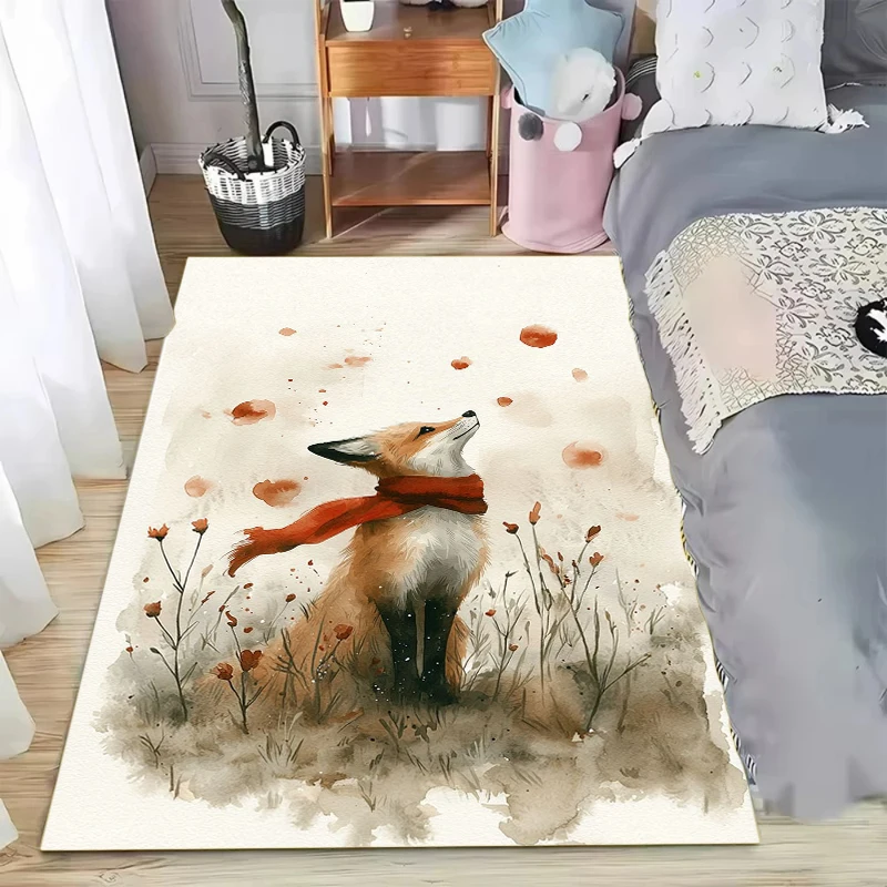 Fox Print Rug 2D Watercolor Scarf Fox Design Carpet for Living Room Large Size Bedroom Floor Mat Warm Cozy Home Decor
