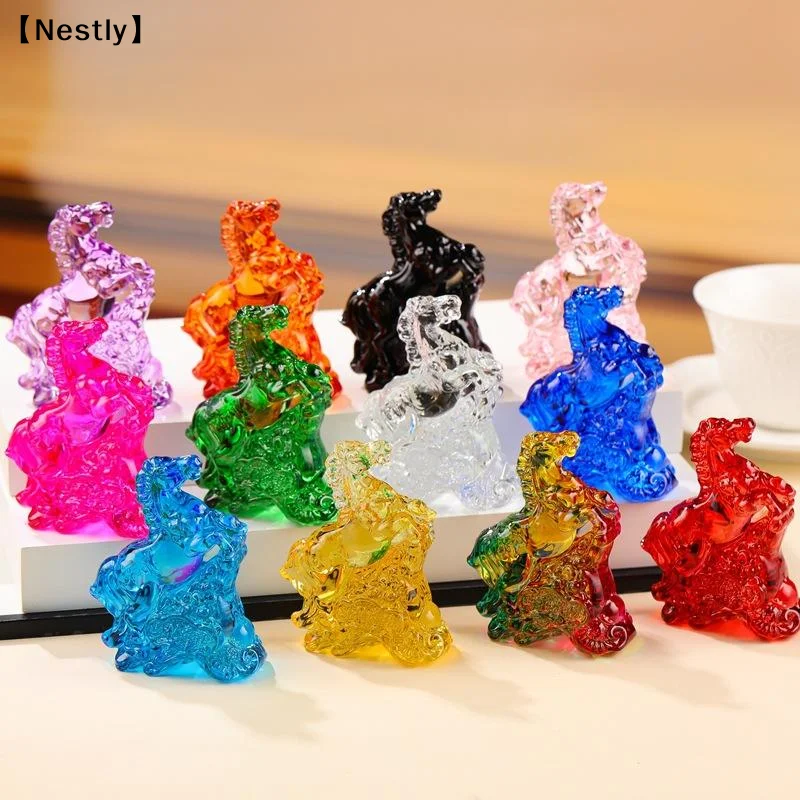 Zodiac Horse Statue Feng Shui Collection Crystal Light Luxury Horse Sun Catcher Ornament Home Desktop Decoration〔Nest〕