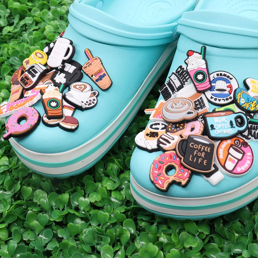 New Arrival 1pcs PVC Shoe Charms Wristbands Food Donuts Make Coffee Not War Hole Slipper Decoration Shoe Accessories Ornament