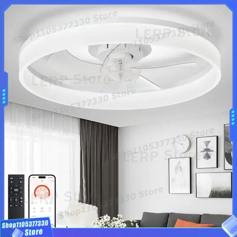 20 Inch Bladeless Ceiling Fan With Light Remote APP Control Embedded Thin Design Dimmable Two Way DC Motor For Home Living