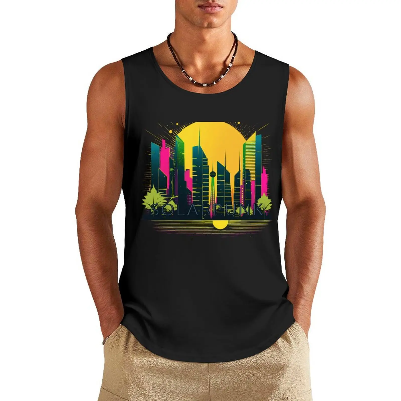 Solarpunk Horizon: Edgy Pop Art Cityscape in Minimalist Futurism Tank Top T-shirts men Men's clothes luxury style