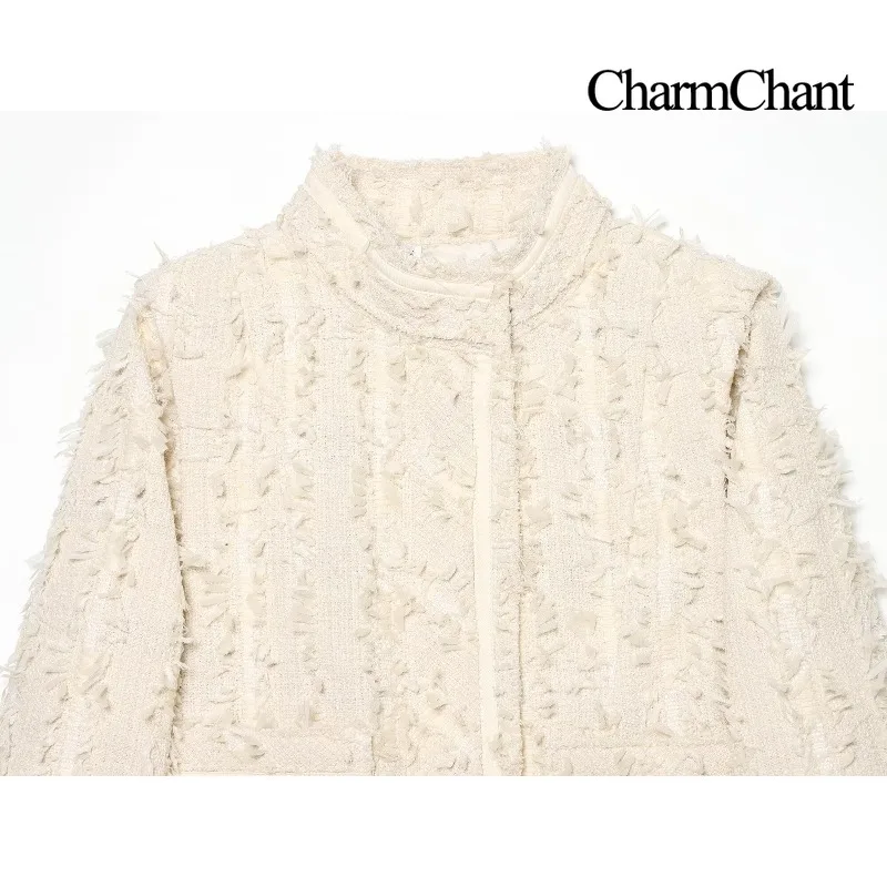 CHARMCHANT Women's Fringed Tweed Jacket Stand Collar Snap Button Cropped Textured Outerwear For Party Daily Street Fall 2026