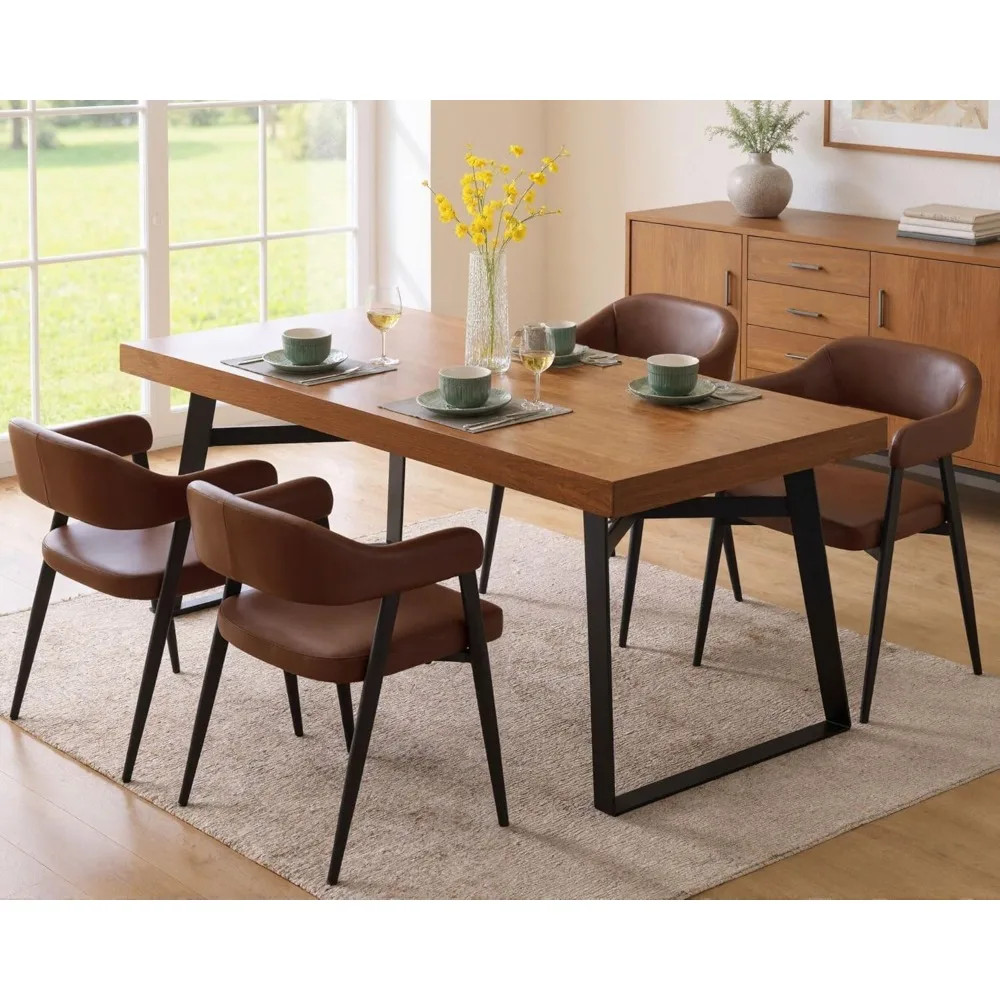 

Modern Dining Room Arm Chairs Set of 2, Retro Faux Leather Upholstered Barrel Dining Chairs with Arms Mid-Century Brown Accent