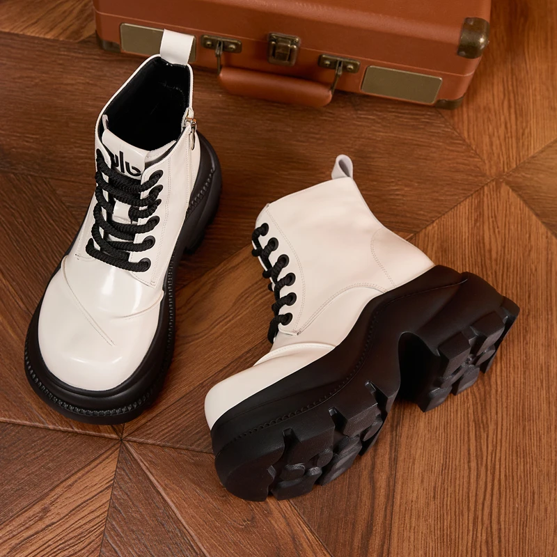 

AUTUSPIN Booties High Top Llace-up Loafers for Women Winter Fashion Leather Shoes Thick Soled Boots Platform Female Botas White