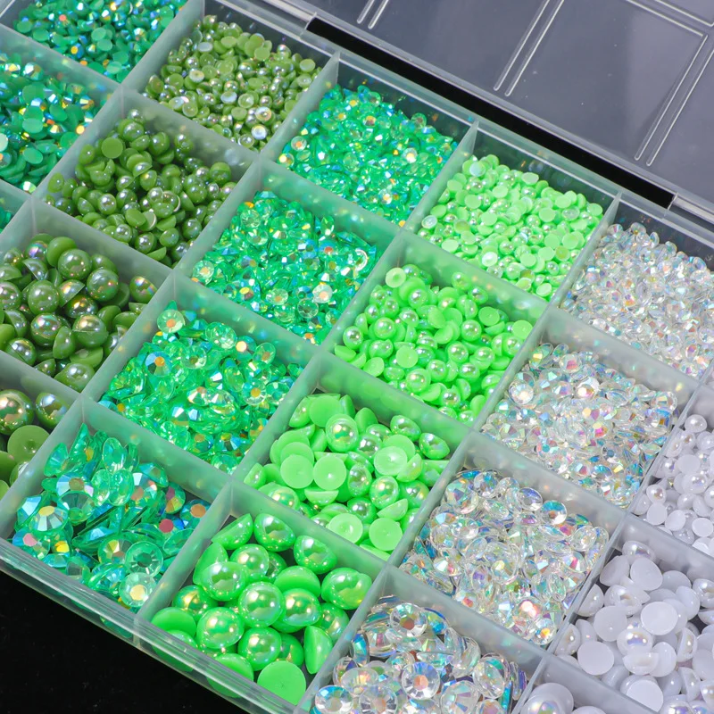 

24Grid/Box Mixed Green Pearl Resin Flat Drill Charm Diy Nail Decoration Set Nail Ornament Decoration Accessories