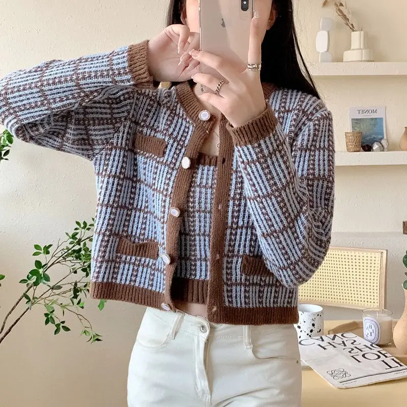 Suit Women\'s Spring Autumn New Plaid Cardigan Long Sleeve Youth Sweaters Coat Knitting Short Tank Top Fashion Sweet Clothing