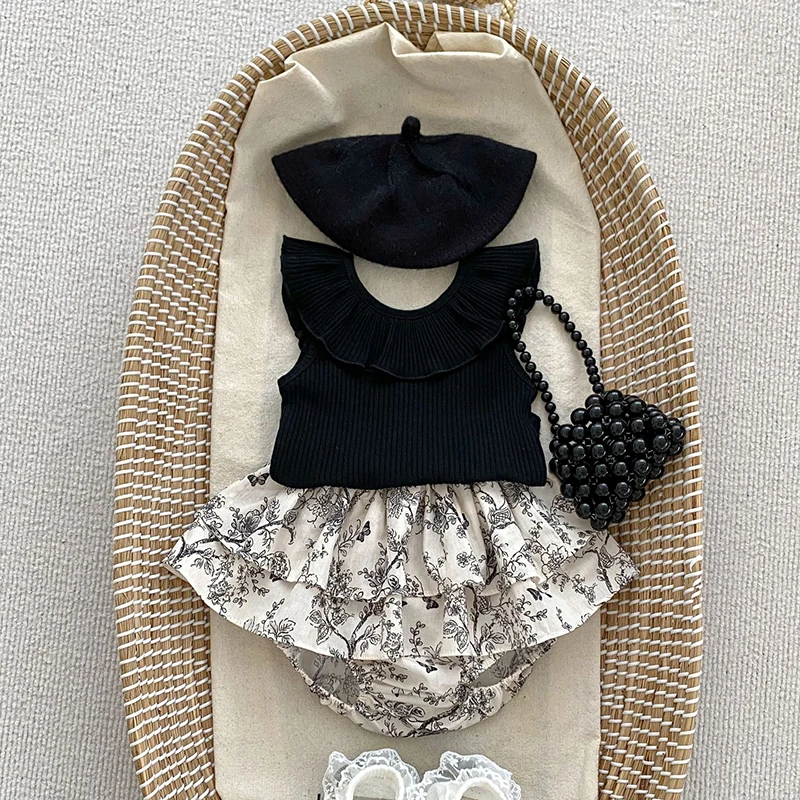 Baby Mädchen Blumenrock Shorts 0-4Y Sommer Doppellagen Vintage Rosa/Schwarz Blumen Mädchen Tutu Rock Baumwolle Kleinkind Pettiskirt – Detail 3
