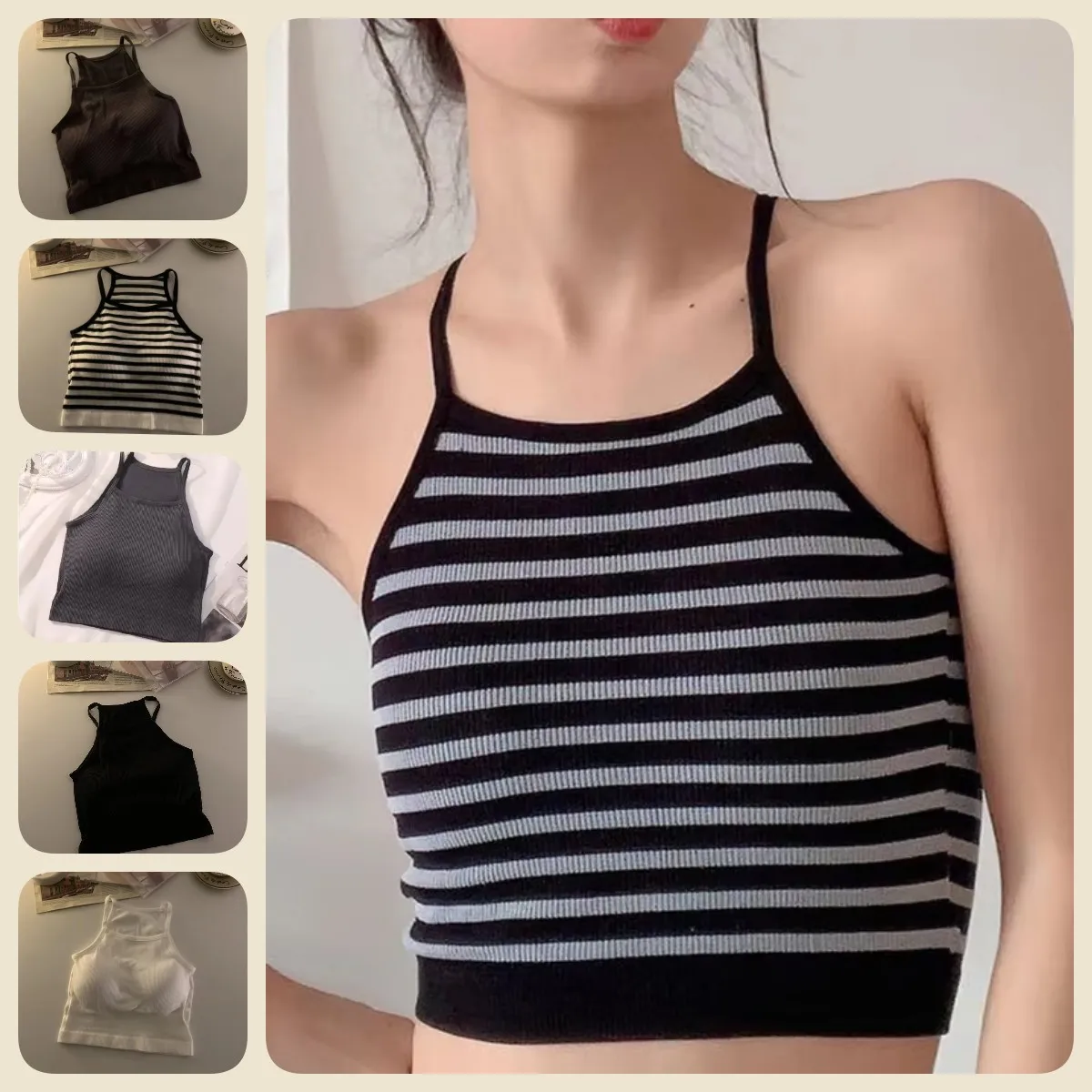 Koreanische Version Damen Tanktops Einfarbig Lässige Mode Crop Top mit Brustpolster Gestreiftes Ärmelloses Oberteil Basic Camisole