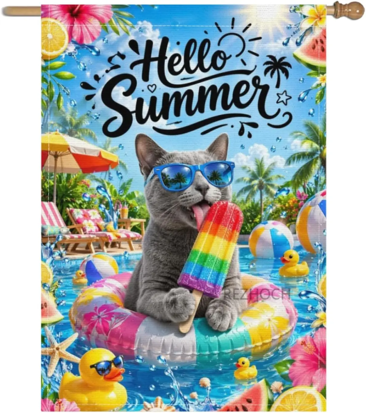 Hello Summer Funny Russian Blue Cat Welcome Garden Flag 28x40 Inch,Beach Pool Rainbow Popsicle Cute Animal Outdoor Yard Flag yyi