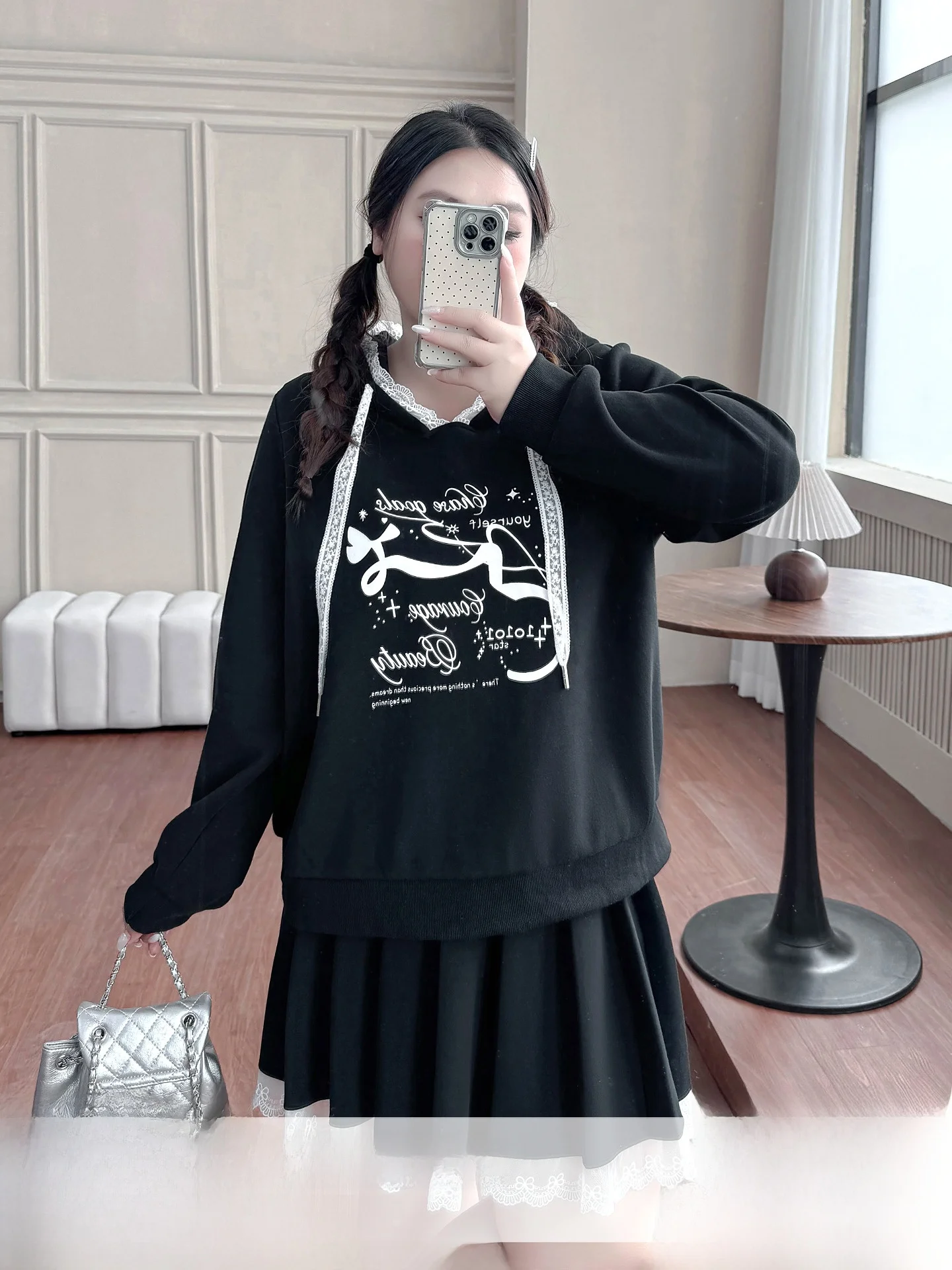 

Sweet Cool School Sle, женский комплект больших размеров, осенне-зимний кружевной свитшот с мультяшным принтом, плиссированная юбка, повседневная мода