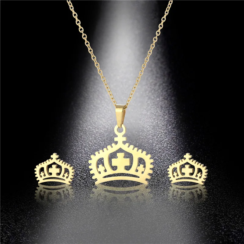 45cm Stainless Steel Gold Plated Earring Necklace Set For Women Man Crown Lucky 8 Choker Pendant Necklace Engagement Jewelry Set