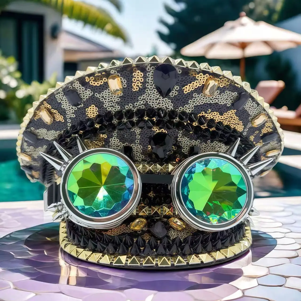 HongLuan Occhiali leopardati Cappelli da capitano Strass per donna festival musicale, cappello per costume di carnevale e accessori femminili cosplay