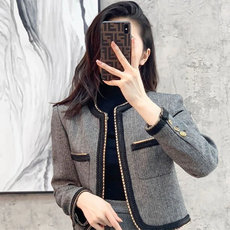 

Korean Female High Waist Two-piece Suit Spring Autumn Ladies Long Sleeves Skirt 2PCS 2025 Advanced Women Round Neck Long Skirts