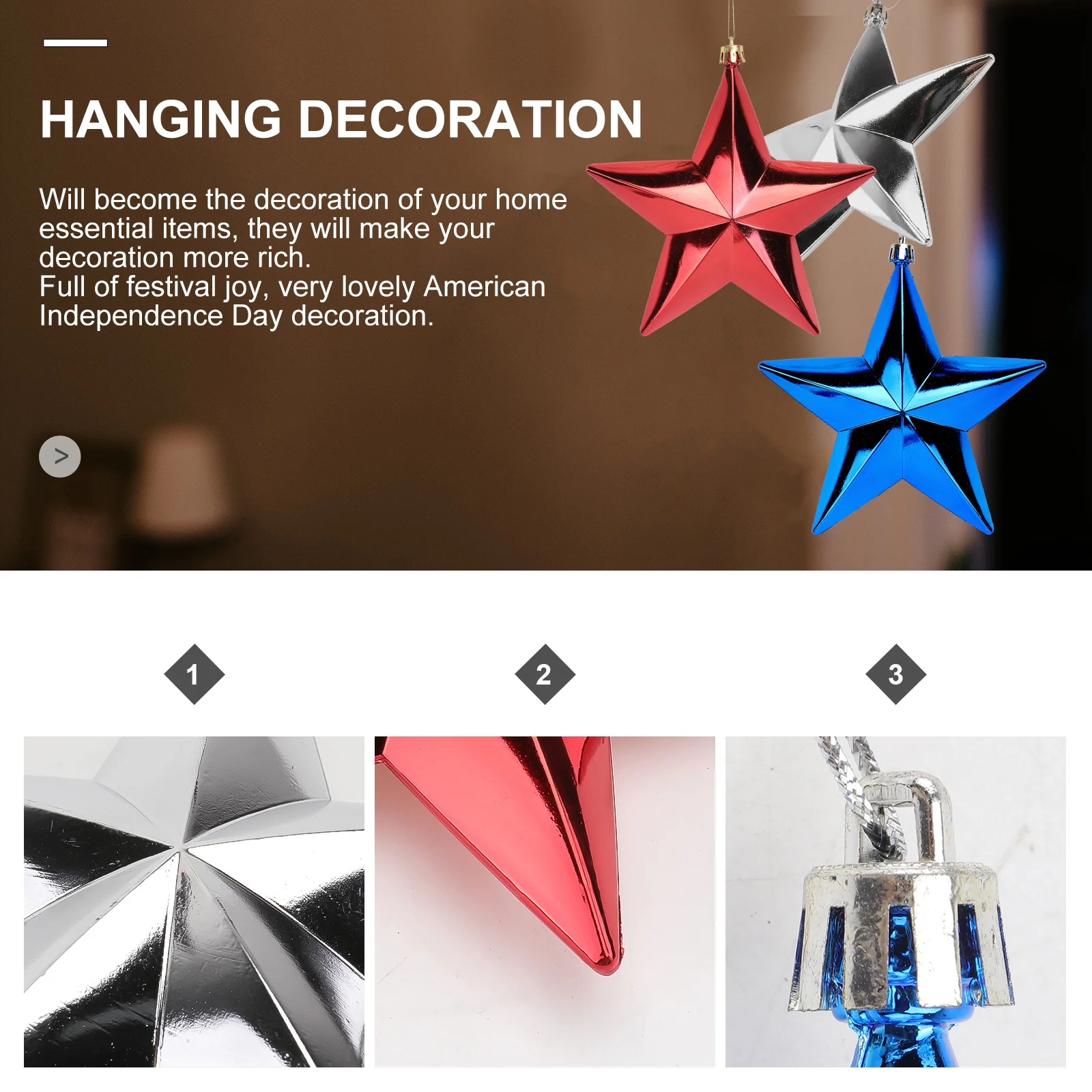 

3Pcs Sparkling Star Independence Day Hanging Pendants Assorted Colors Festival Hanging Decoration for Home Party
