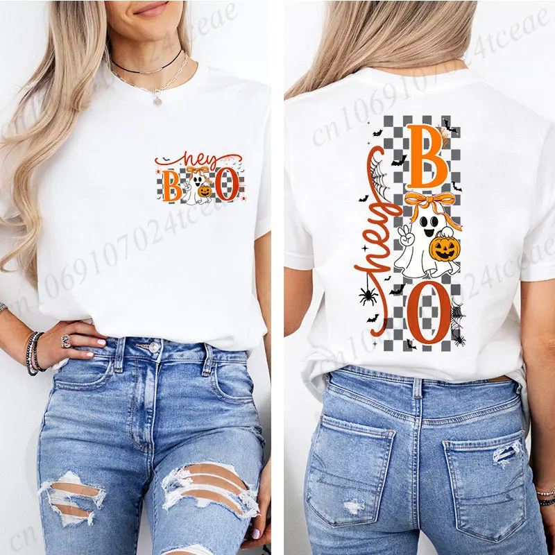 Damen-Halloween-T-Shirts „Hey Boo“, süße T-Shirts mit Schleifen-, Geister- und Kürbis-Motiven, kurzärmelige Oberteile, gruselige Saison- und Feiertags-Oberteile, Geschenke