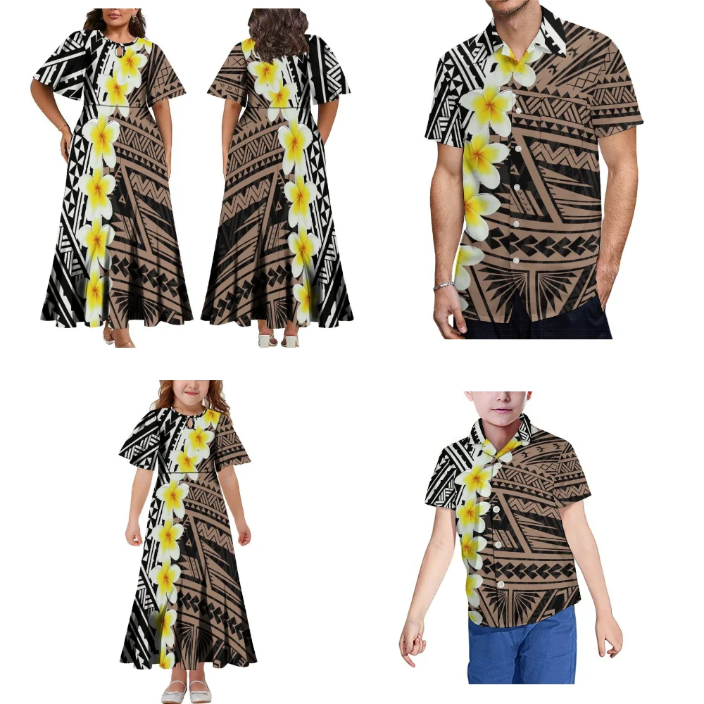 Samoa Tribale Print Polynesische Familie Feest Set Familiekleding Moeder Dochter Jurk Vader Zoon Shirt Pacific Eilanden