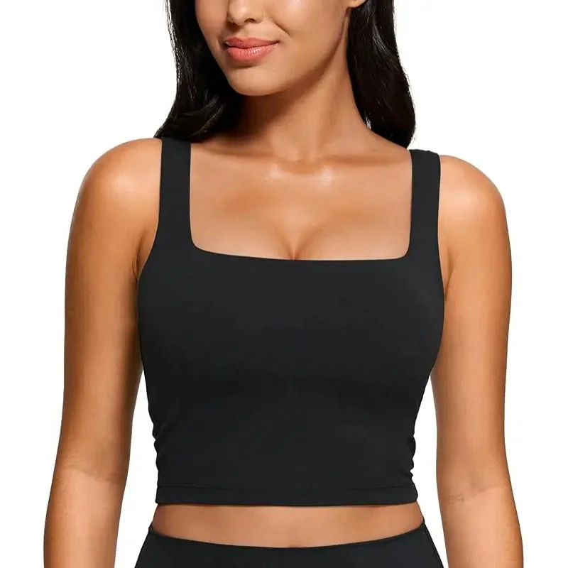 YOGA Women Square Neck Crop Tank Tops for Women - Workout Longline Sports Bras Padded Yoga Camisole