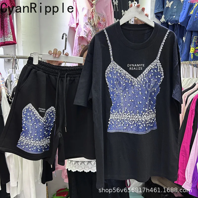 

Spice Girls Fashion Summer Sets Personality Diamonds Printed White Loose Short Sleeve T-shirt + Elastic Waist Wide Leg Shorts