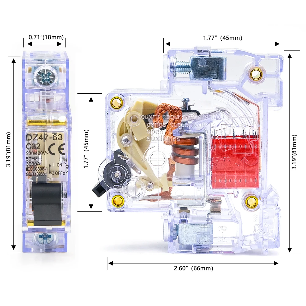 Disjoncteur miniature transparent à montage sur rail Din 1P 16-63A, DZ47-63 pour la sécurité électrique domestique/industrielle (AC230V/400V)