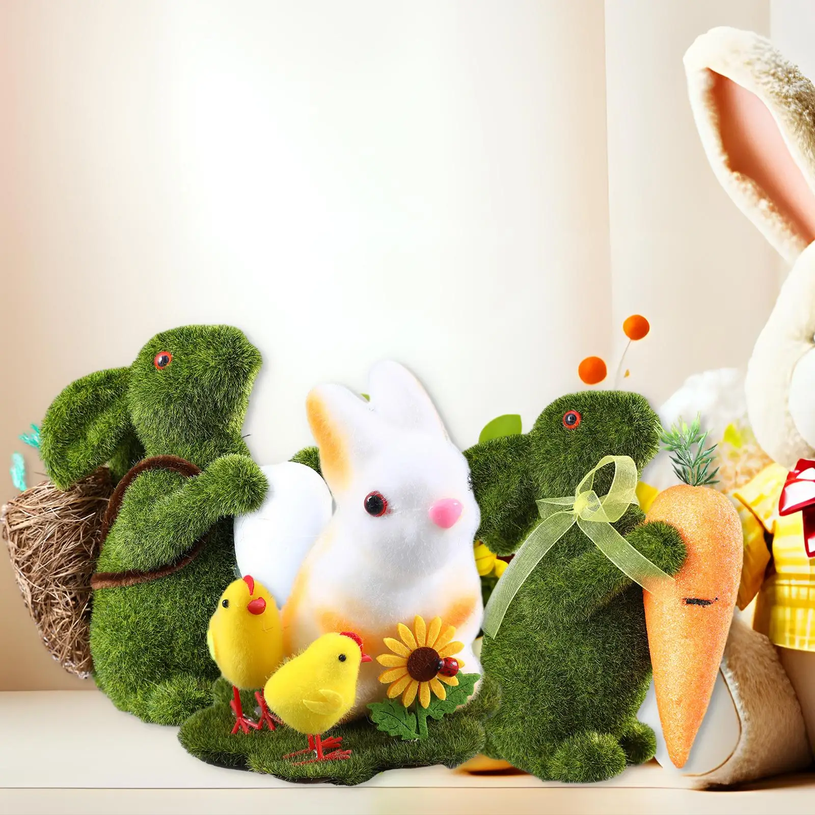 Easter Bunny Ornament Figurines, Artificial Flocked Grass Centrepiece Statue Easter Decor for Shelf Decorations Indoor