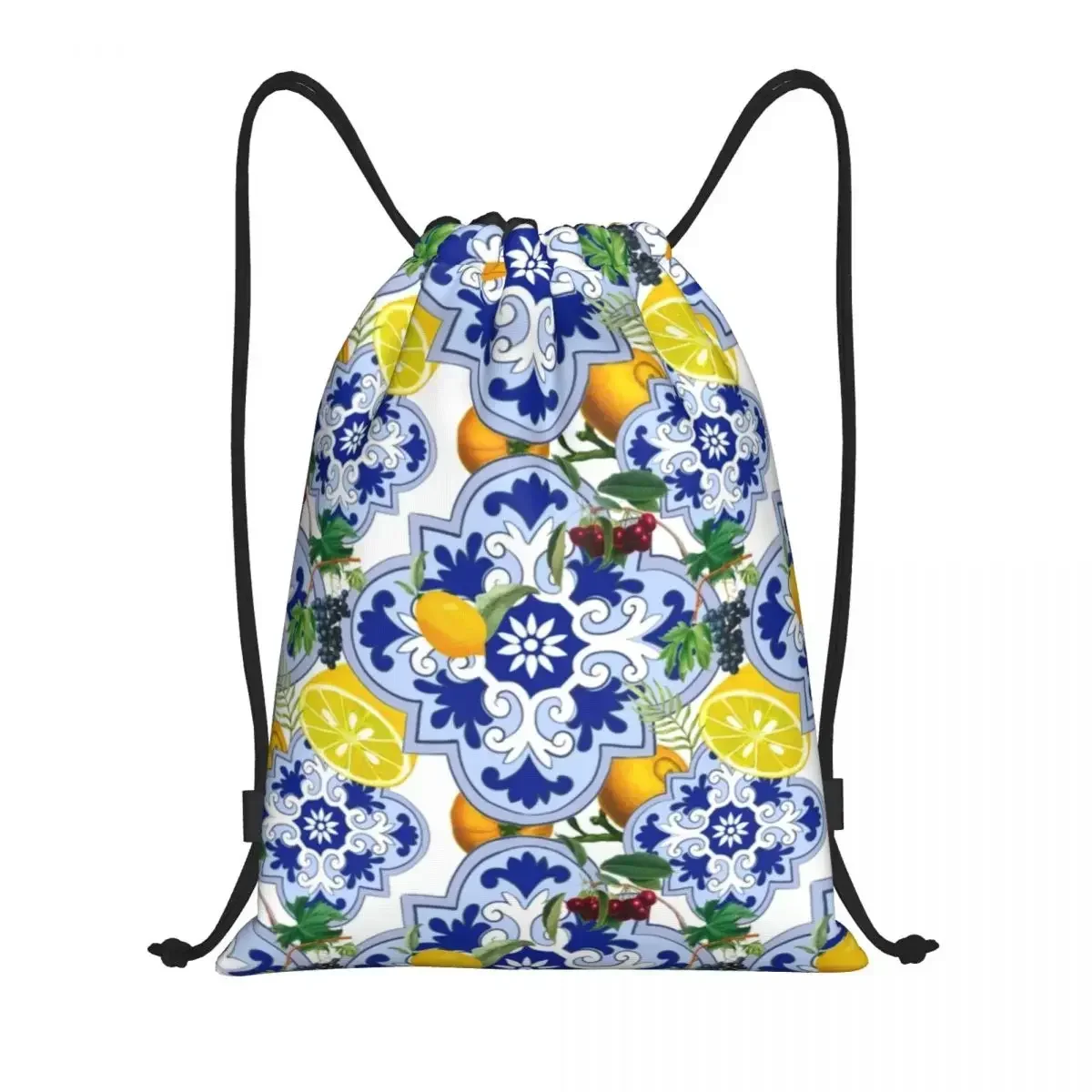 Custom Sicilian Summer Fruit Lemon Citrus Tiles Drawstring Bags for Shopping Yoga Backpacks Women Men Sports Gym Sackpack