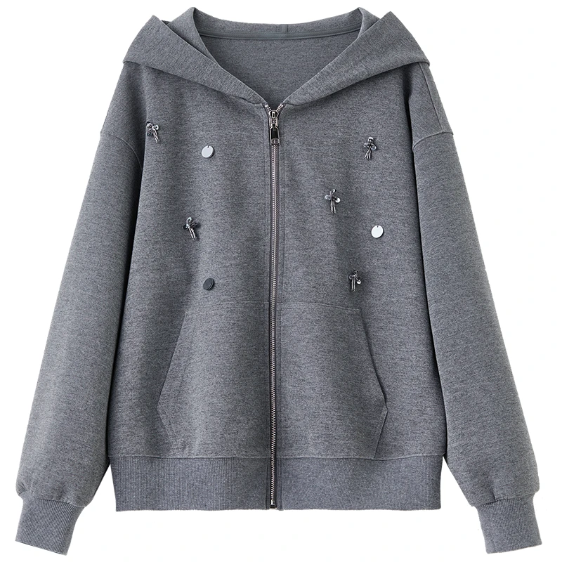 SENTUBILA Woman's Sports Jacket 2025 Autumn Casual Handmade Nail Bead Hoodie Coat Long Sleeve Loose Gray Short Coat 153WC2052
