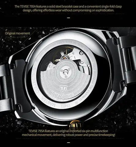 TEVIS high-end Men's Large Retro Square Dial Automatic Mechanical Watch with Transparent Case Stainless Steel Strap And Alloy Case