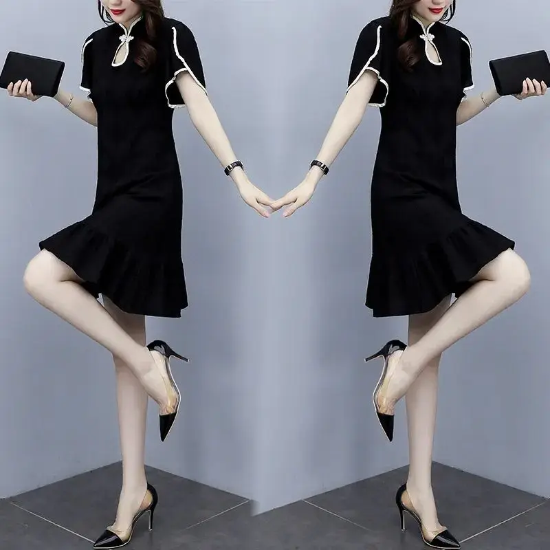 Elegante Stehkragen Taste Einfarbig Rüschen Party Kleid Weibliche Kleidung 2025, Sommer Neue Lose Alle-spiel Vintage kleid