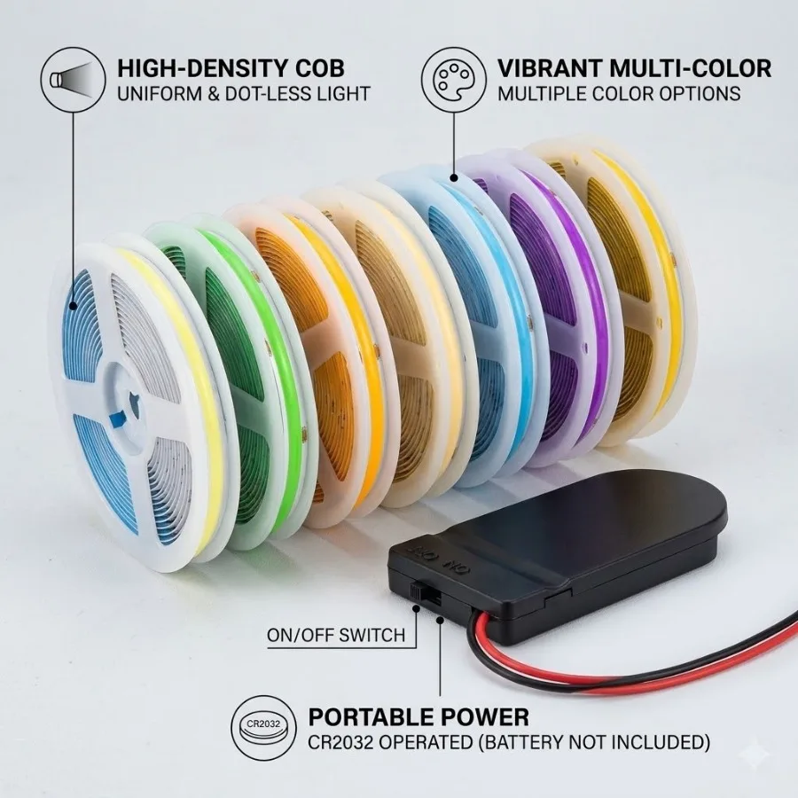 5V 320LEDs/M 8MM PCB COB LED Strip Red Green Blue Flexible Tape With Button Battery Case Bedroom Party Closet Decor 0.5/1/2/3M