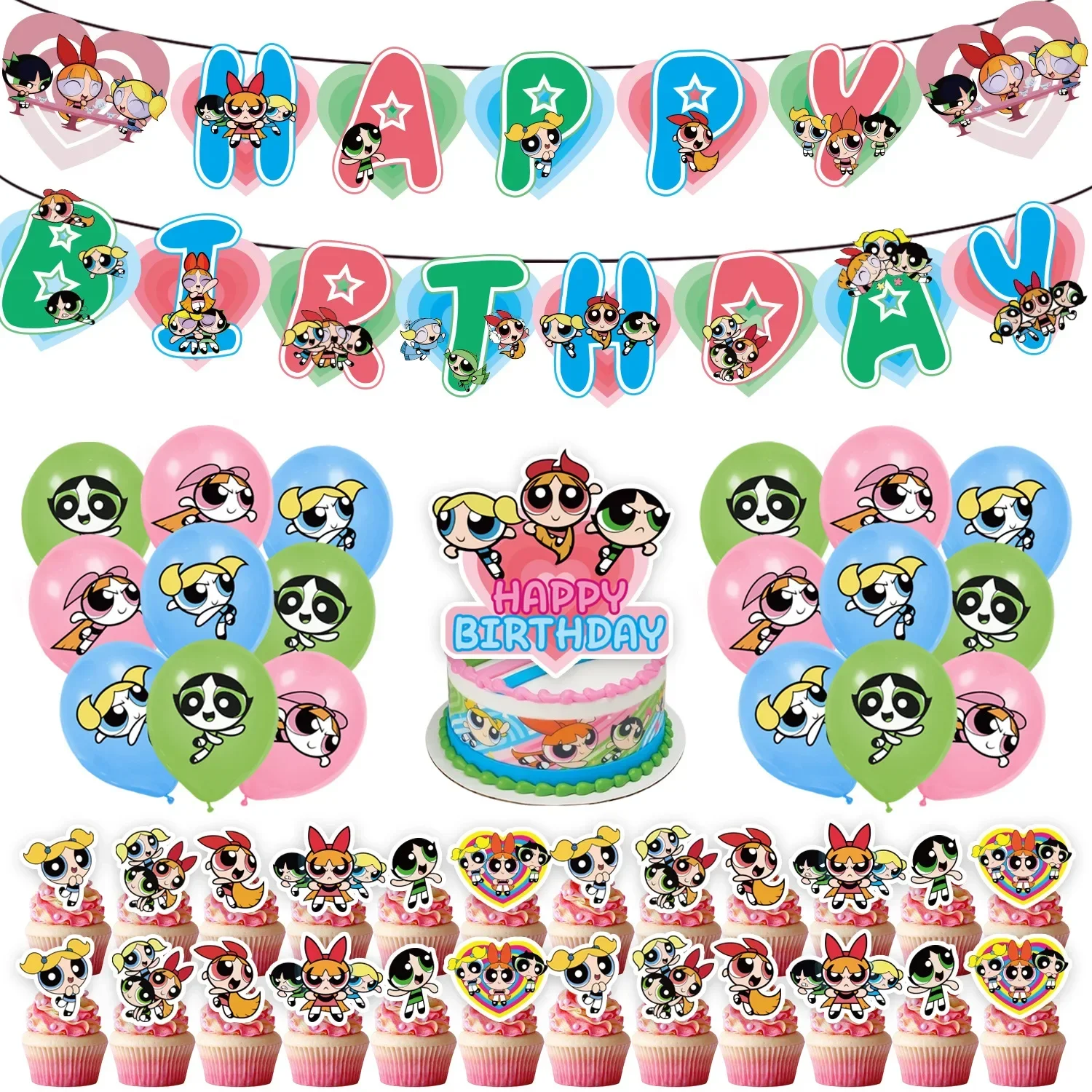 The Powerpuff Girls Birthday Party Dinnerware Jednorazowy baner Cake Topper Wisząca flaga Powerpuff Balony Dekoracja urodzinowa