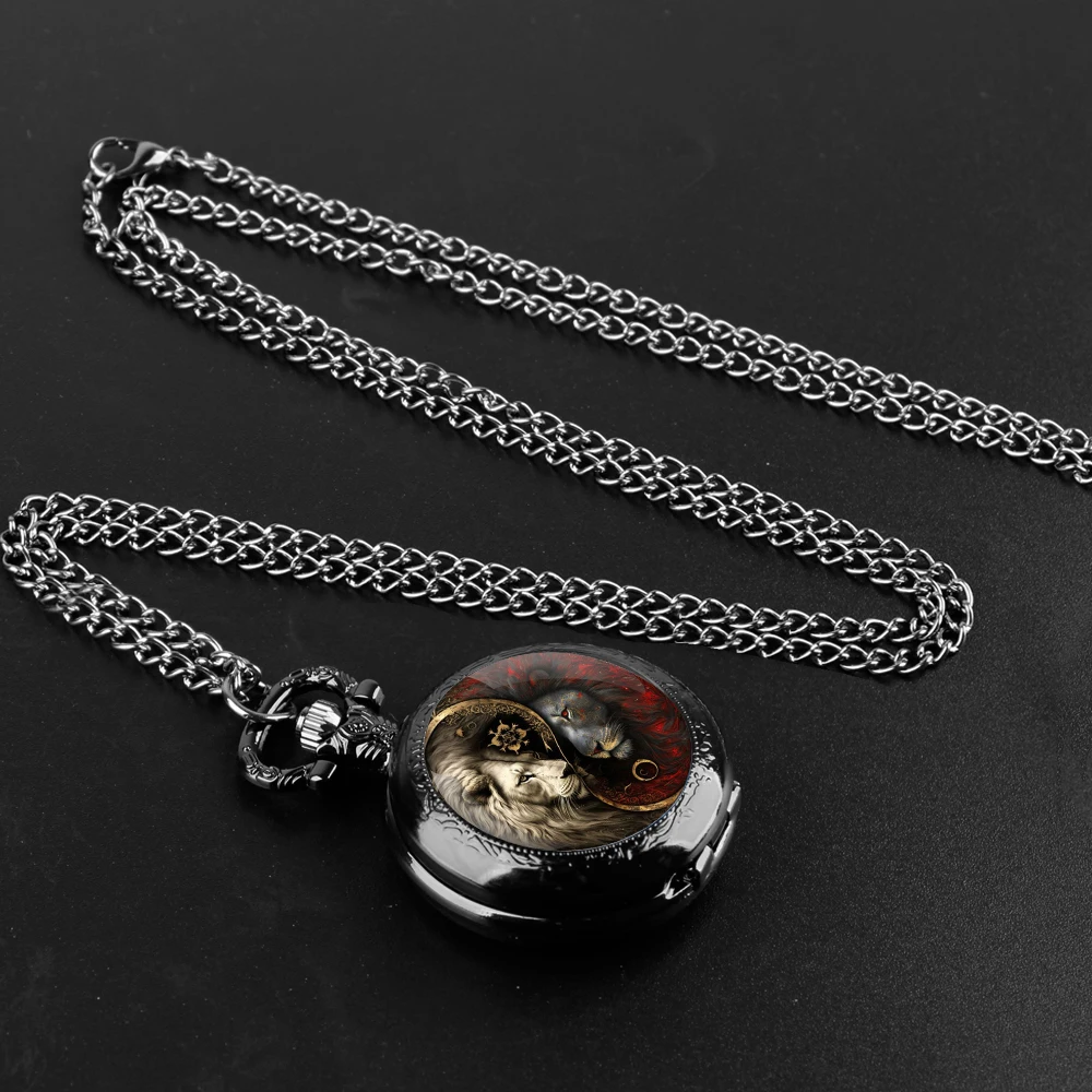 Yin-Yang Lion Design Special Gift Glass Dome Arabic Numerals Quartz Pocket Watch Necklace Pendant Clock Chain Men Women Gifts