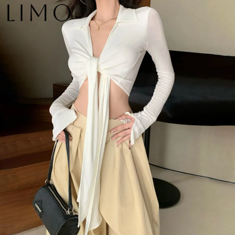 

LIMO 2025 Spring Summer Sexy Tshirt Cropped Long Sleeve Lapel Bow Tie Solid Color Elegant High Quality Fashion Casual Trendy
