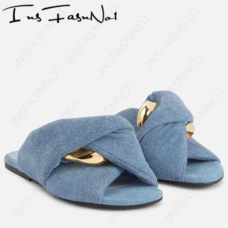 Chain Flat Slides Women Single Shoes Soft Leather Summer Beach Outside Slippers Leisure Playa Denim Designer Runway Shoes Lady