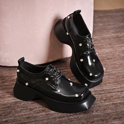 Designer Shoes Rhinestones Platform Mary Jane Shoes Black Rivets Leather Shoe Square Head Casual Flat Women Shoes Luxury Loafers