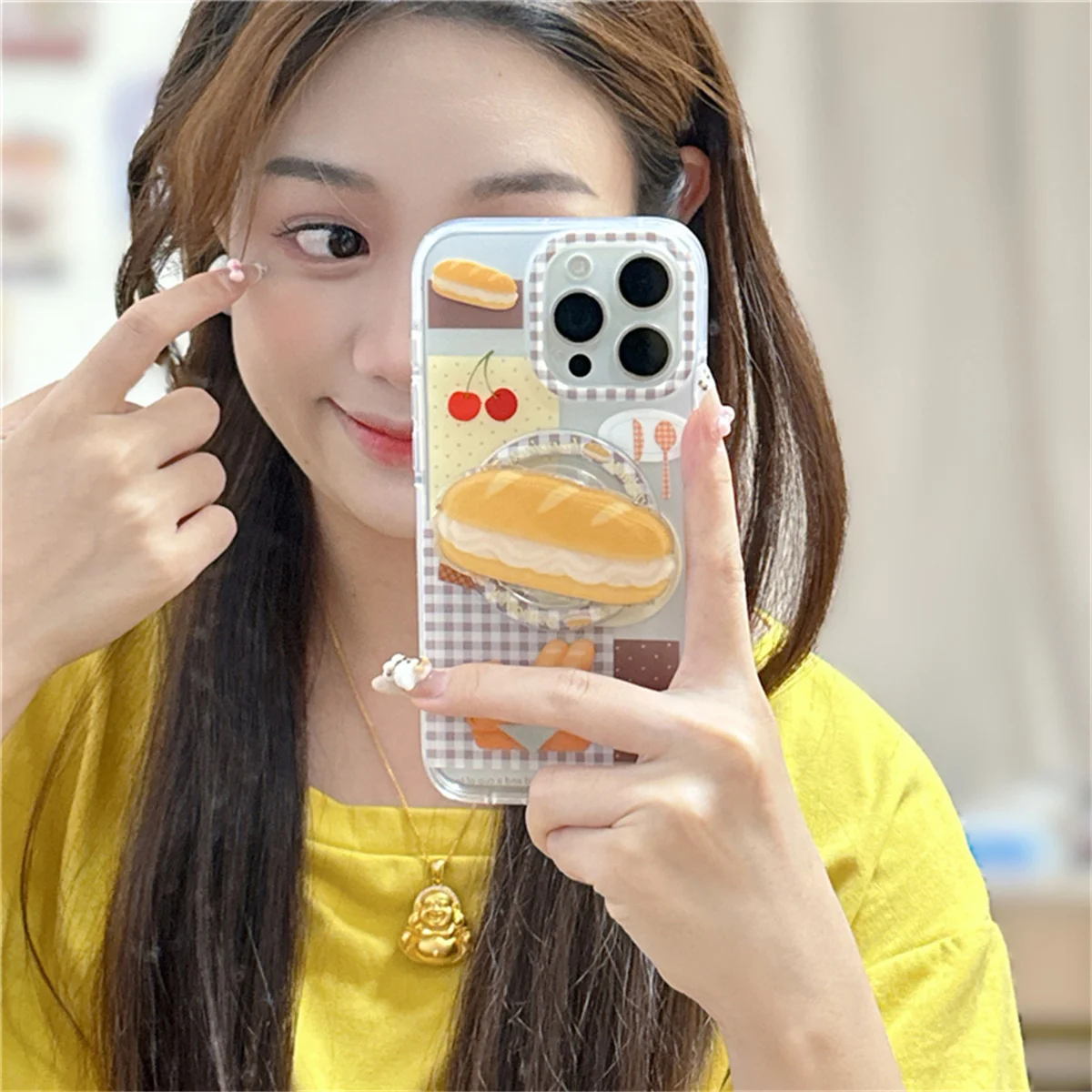 

Korean Cute Bread Magnetic Phone Case For iPhone 16 Pro 14 15 Pro Max Back Cover with Stand Holder For Magsafe