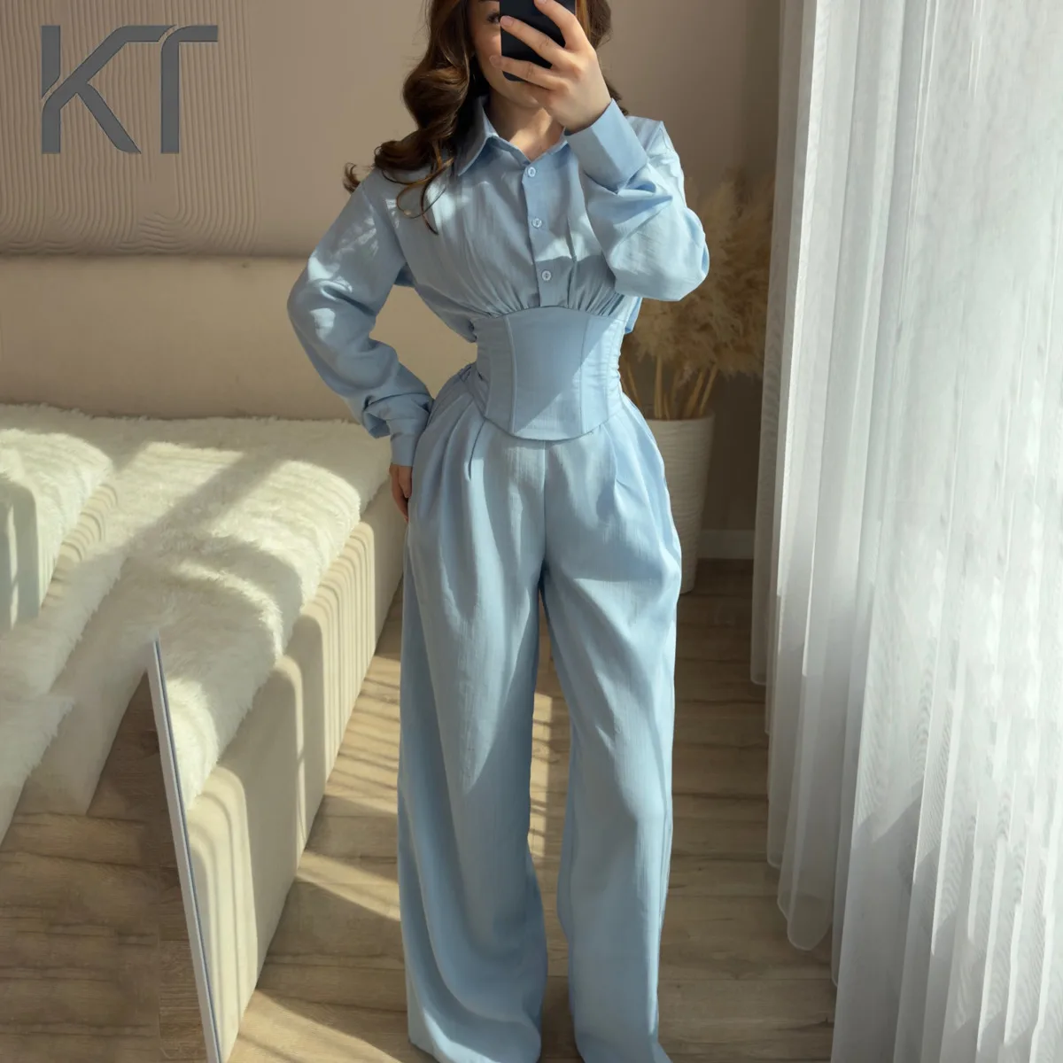 

KT Elegant Corset WaistTwo Piece Set For Women Point Collar Long Sleeve Shirt High Waist Wide Leg Pants Office Casual Wear Suits