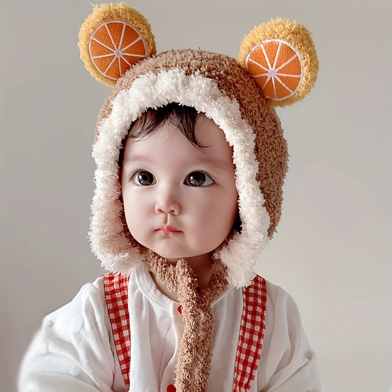 1pc Plus Fleece Ear Protection Cute Boys And Girls Warm Woolen Hat For 0-3 Years Old Baby In Autumn Winter