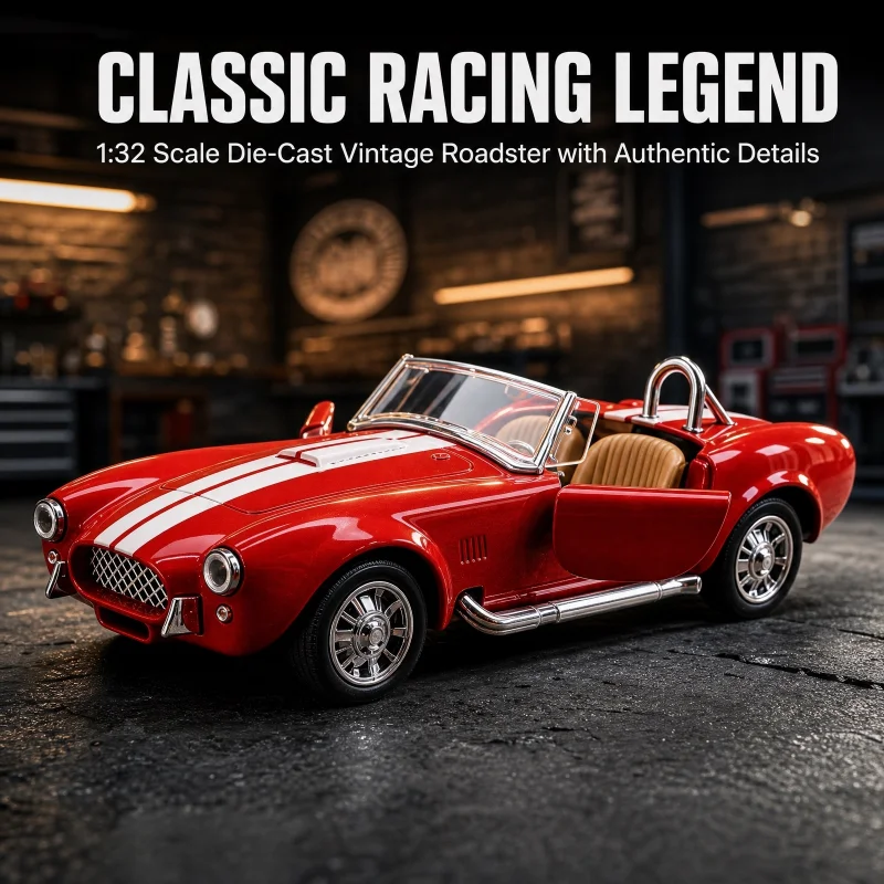 Classic retro open-cabin alloy car, 1:32 scale with white decals, a static desktop decoration and gift model for boys.